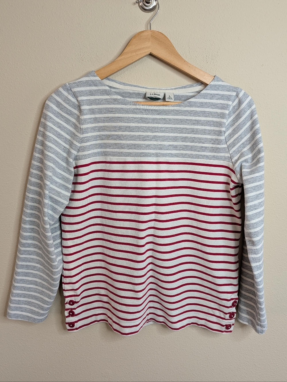 L.L. Bean Mariner Striped Boat Neck Top L Gray White Red Long Sleeve Cotton